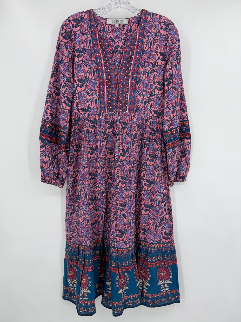 Bella Tu Floral Print Boho Long Sleeve Midi Dress Cotton Pink Blue Size XS